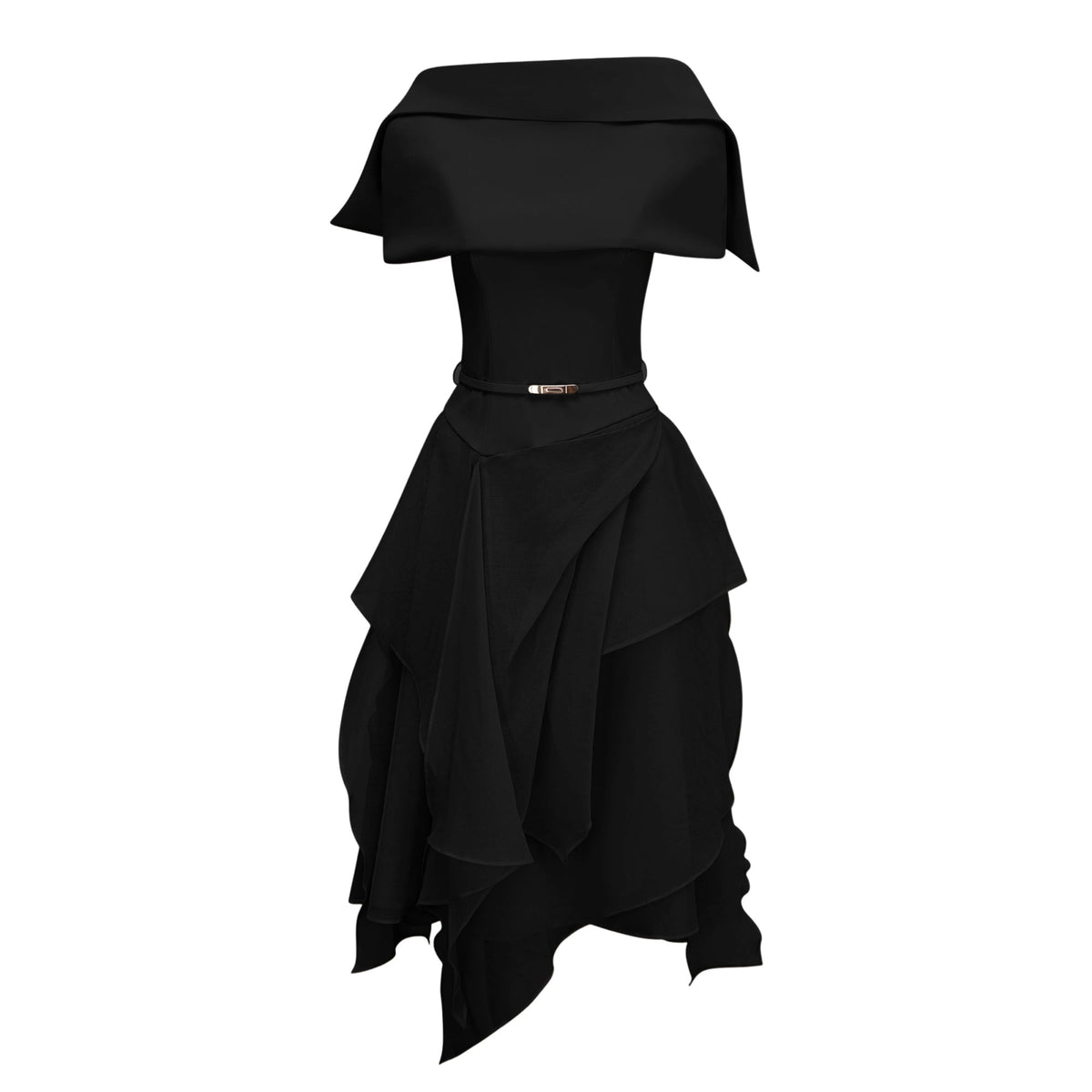 Vilhelmiina Black Asymmetrical Shawl & Tulle Panel Dress Set