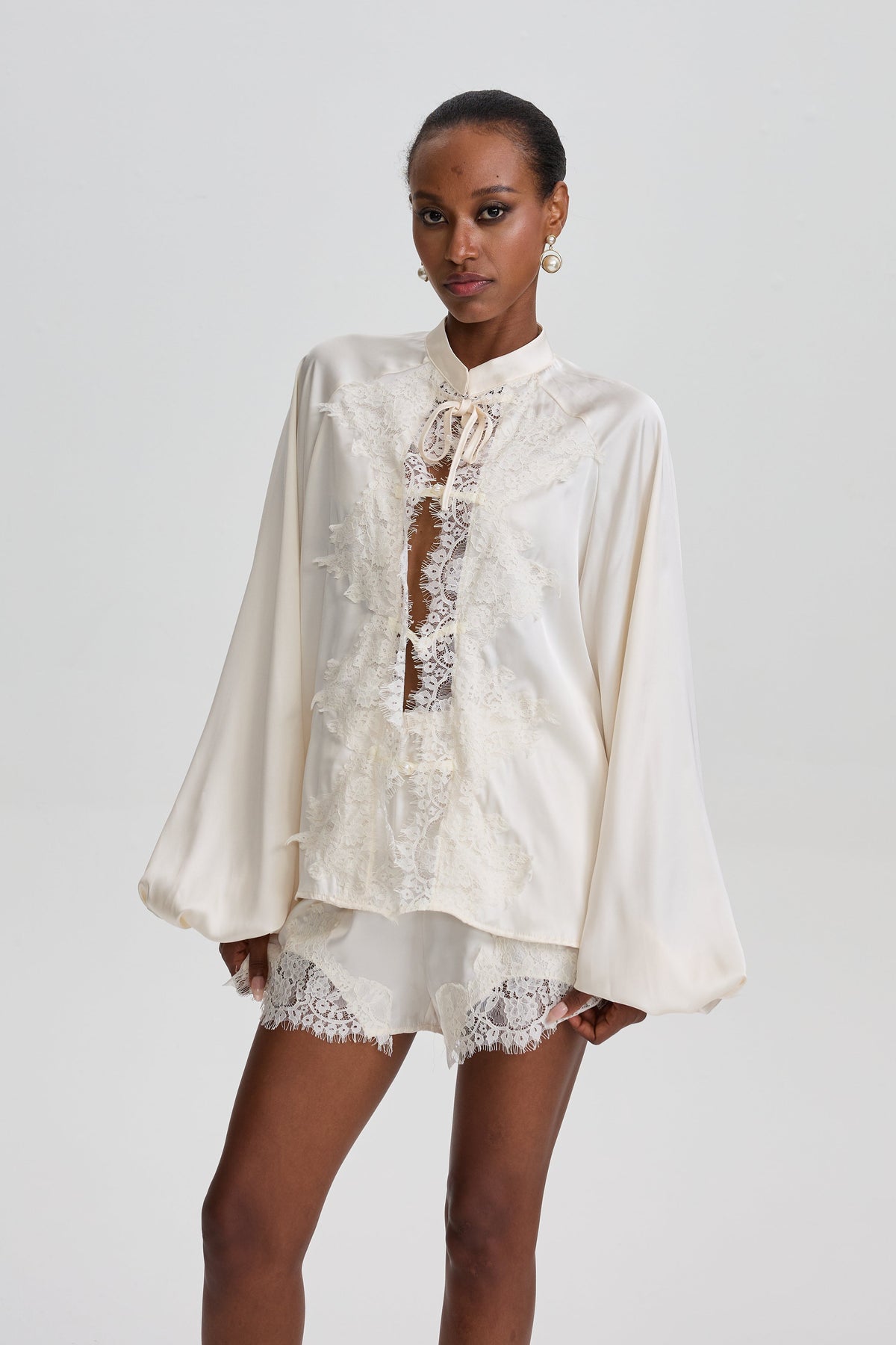 Ampary Satin Lace Oriental Two-Piece Short Set