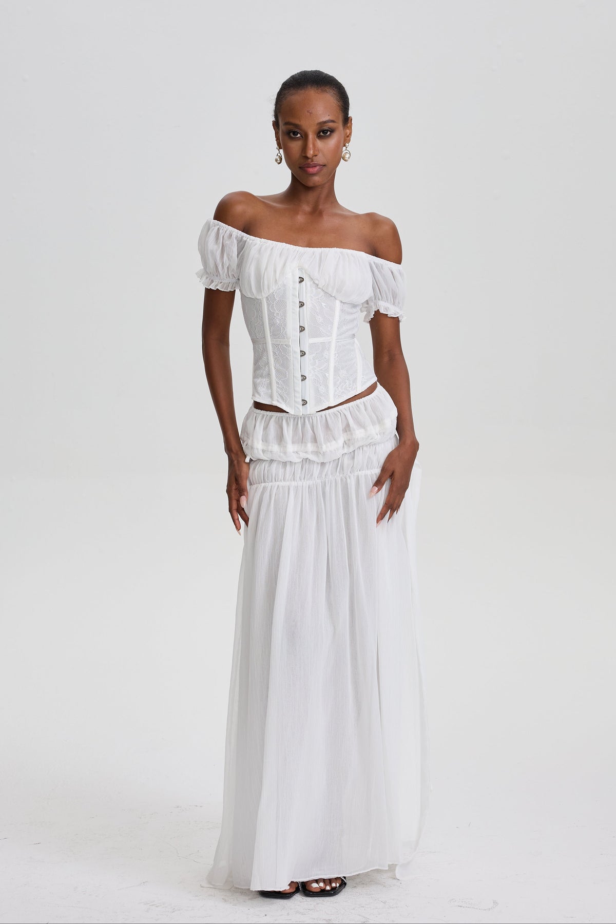 Solalnes Off-Shoulder Lace Corset Top& Ruffled Chiffon Dress Set