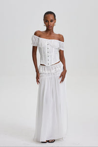 Solalnes Off-Shoulder Lace Corset Top& Ruffled Chiffon Dress Set