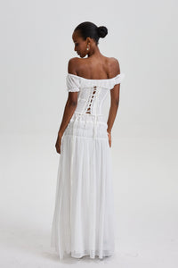 Solalnes Off-Shoulder Lace Corset Top& Ruffled Chiffon Dress Set