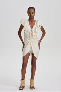 Carlotta Cream Plunge Neck Satin Jumpsuit with Lace Panels
