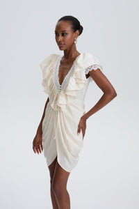 Carlotta Cream Plunge Neck Satin Jumpsuit with Lace Panels