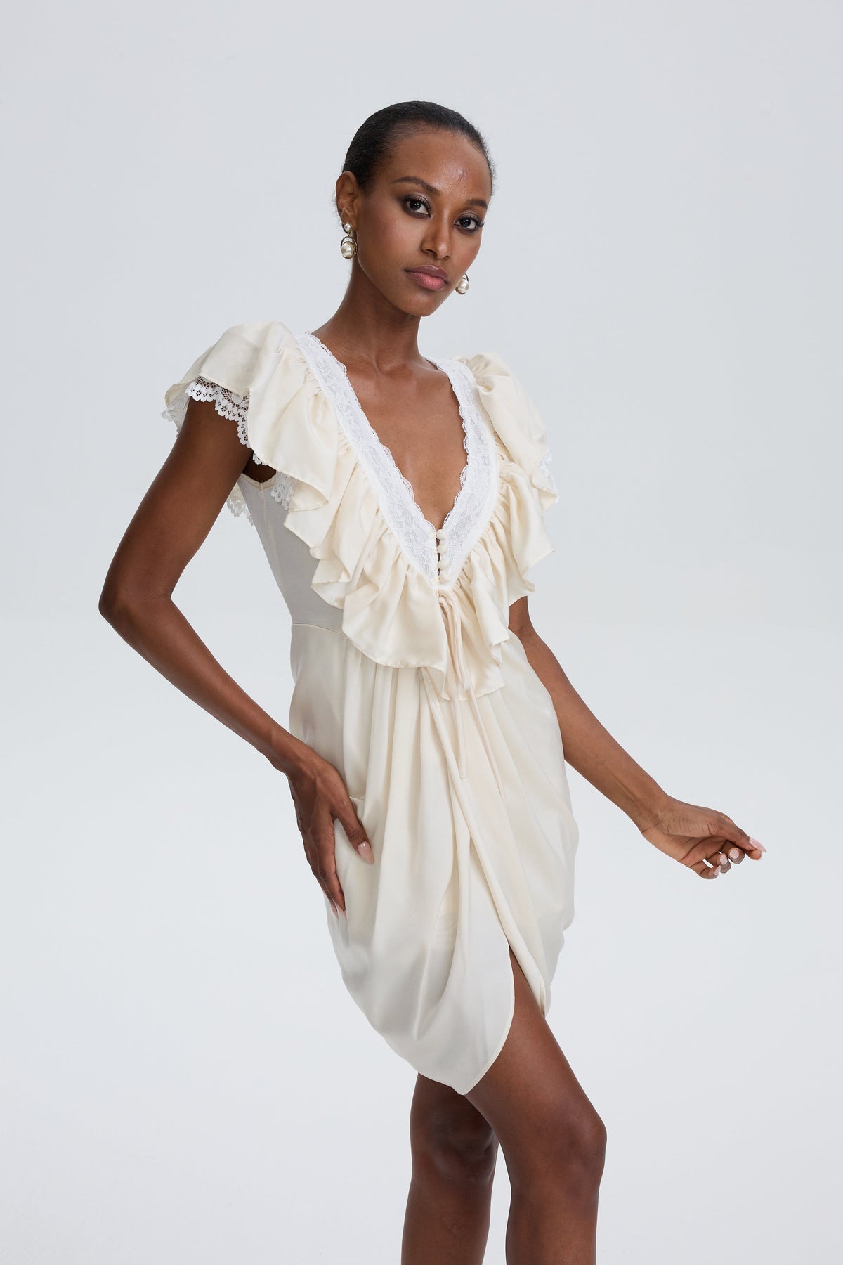 Carlotta Cream Plunge Neck Satin Jumpsuit with Lace Panels