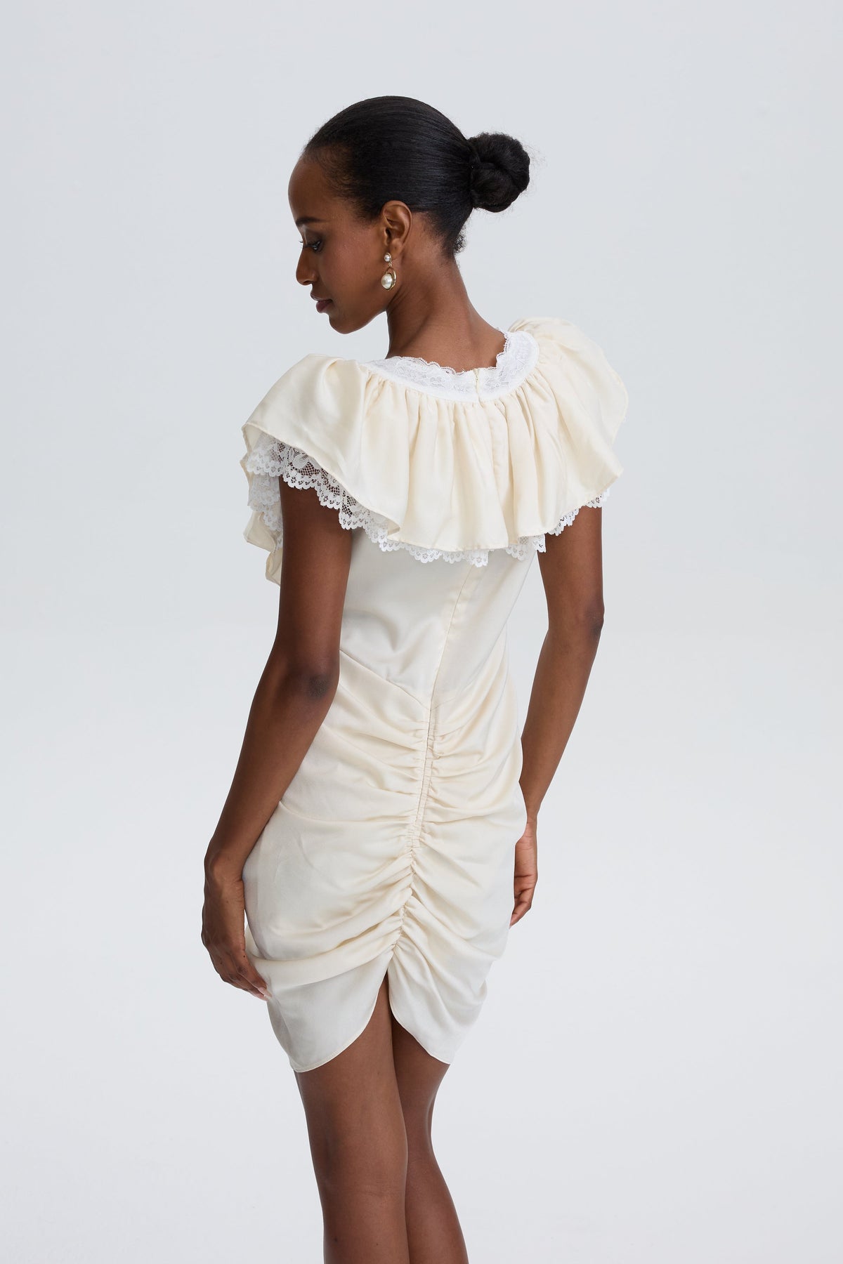 Carlotta Cream Plunge Neck Satin Jumpsuit with Lace Panels