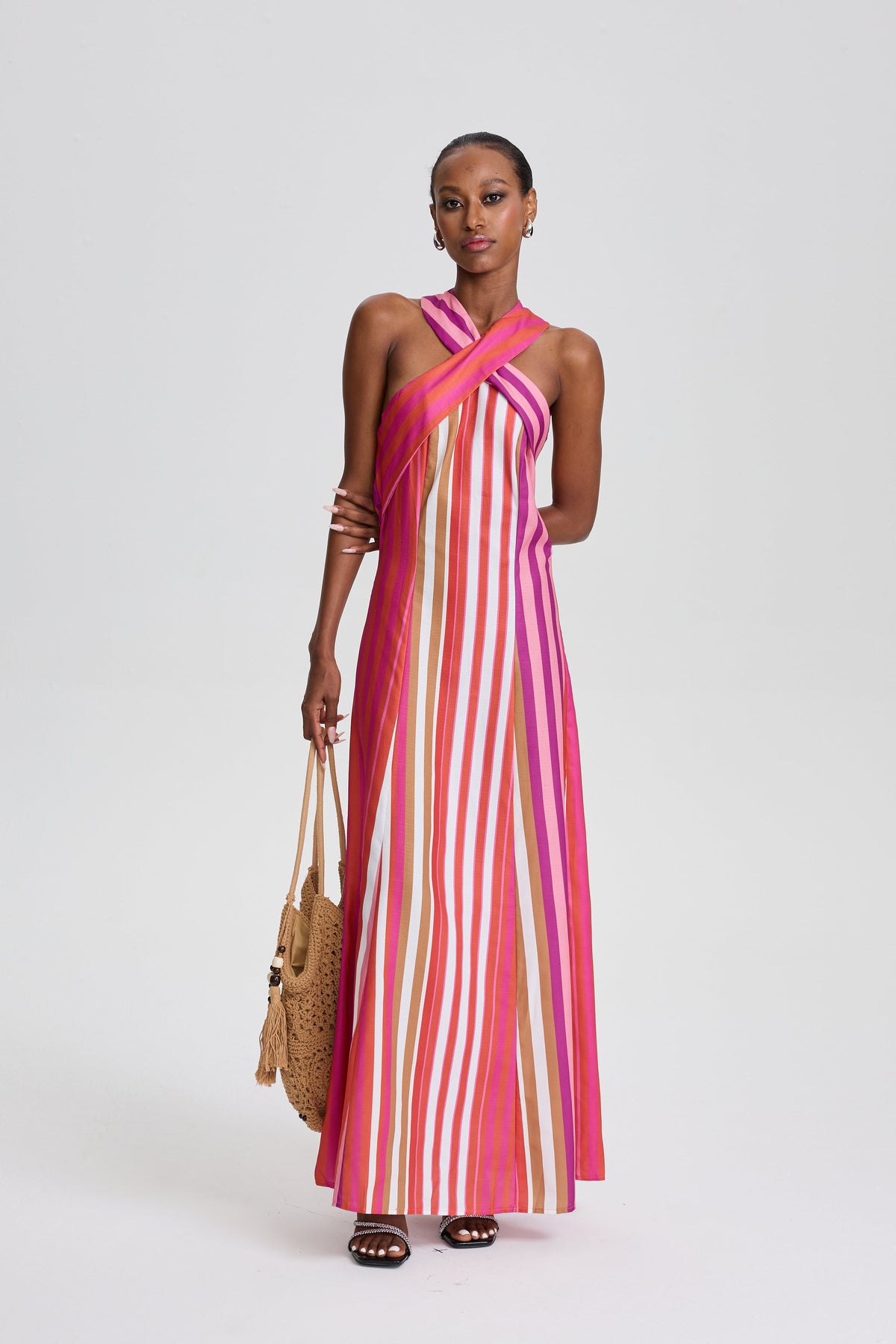 Brigitte Striped Cross Halter Maxi Dress