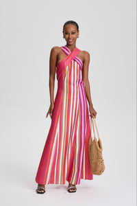 Brigitte Striped Cross Halter Maxi Dress
