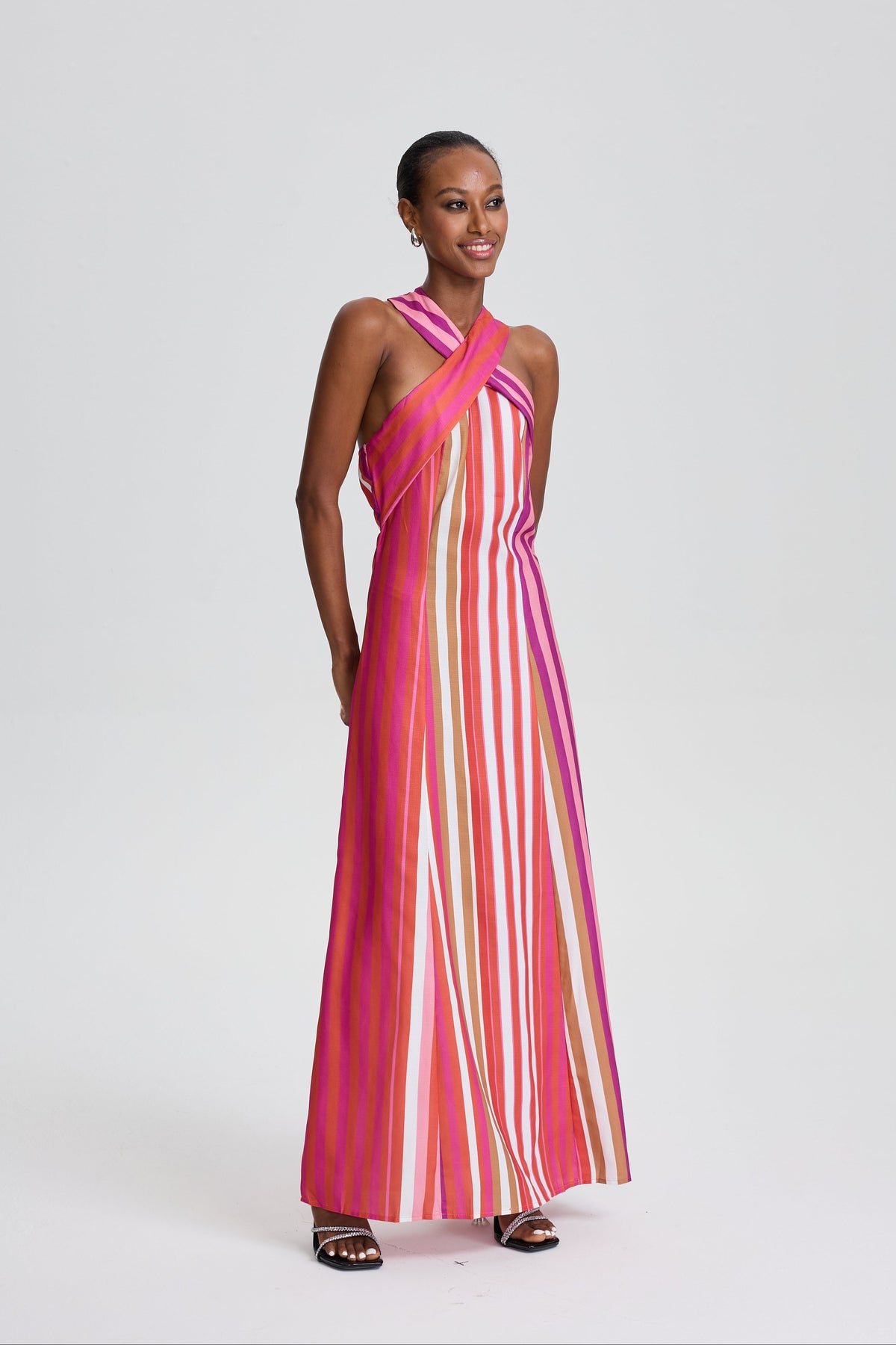 Brigitte Striped Cross Halter Maxi Dress