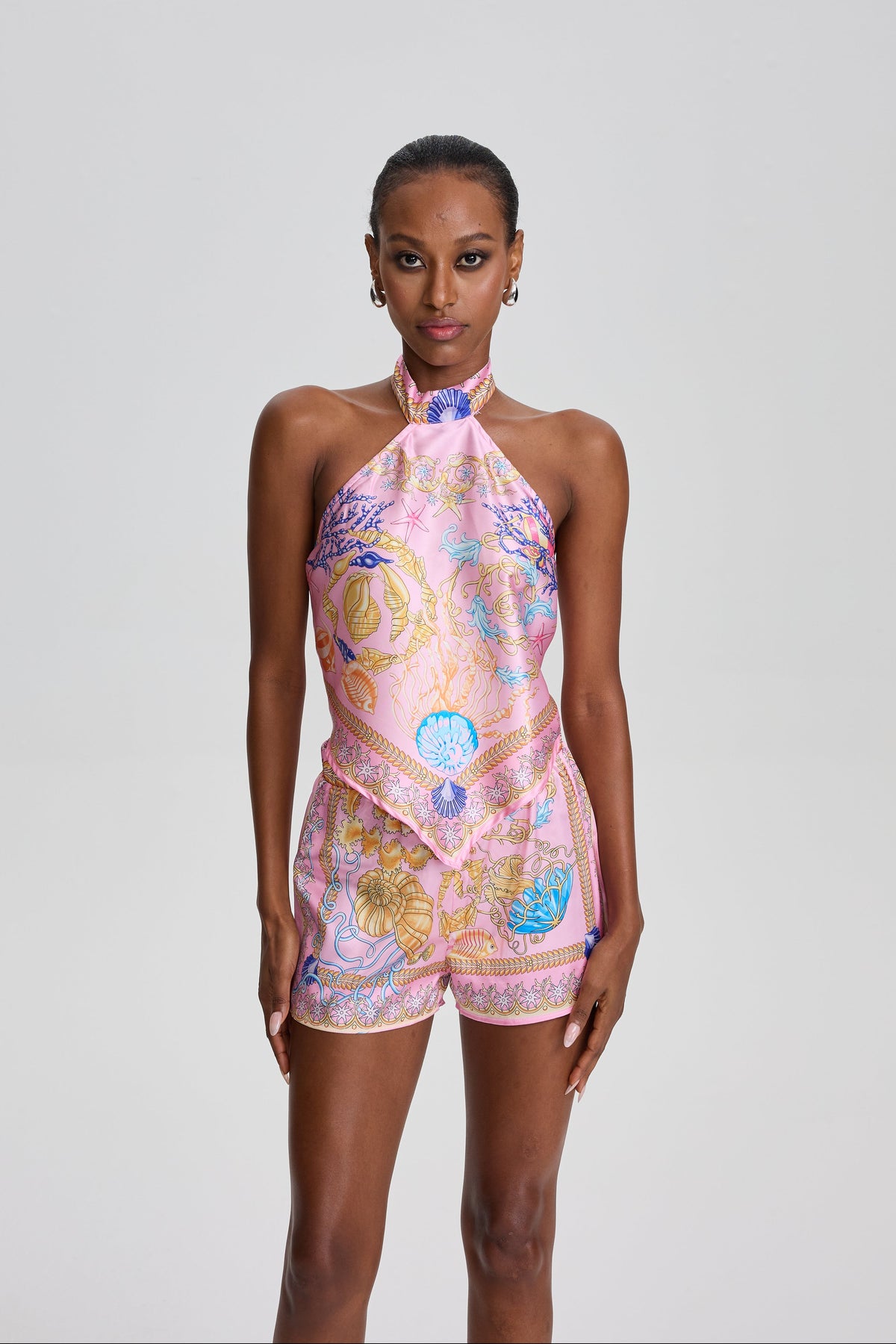 Simran Ocean Shell Print Halter Neck Scarf Top & Short Set in Pink