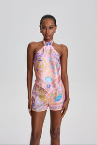 Simran Ocean Shell Print Halter Neck Scarf Top & Short Set in Pink
