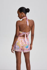 Simran Ocean Shell Print Halter Neck Scarf Top & Short Set in Pink