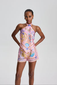 Simran Ocean Shell Print Halter Neck Scarf Top & Short Set in Pink