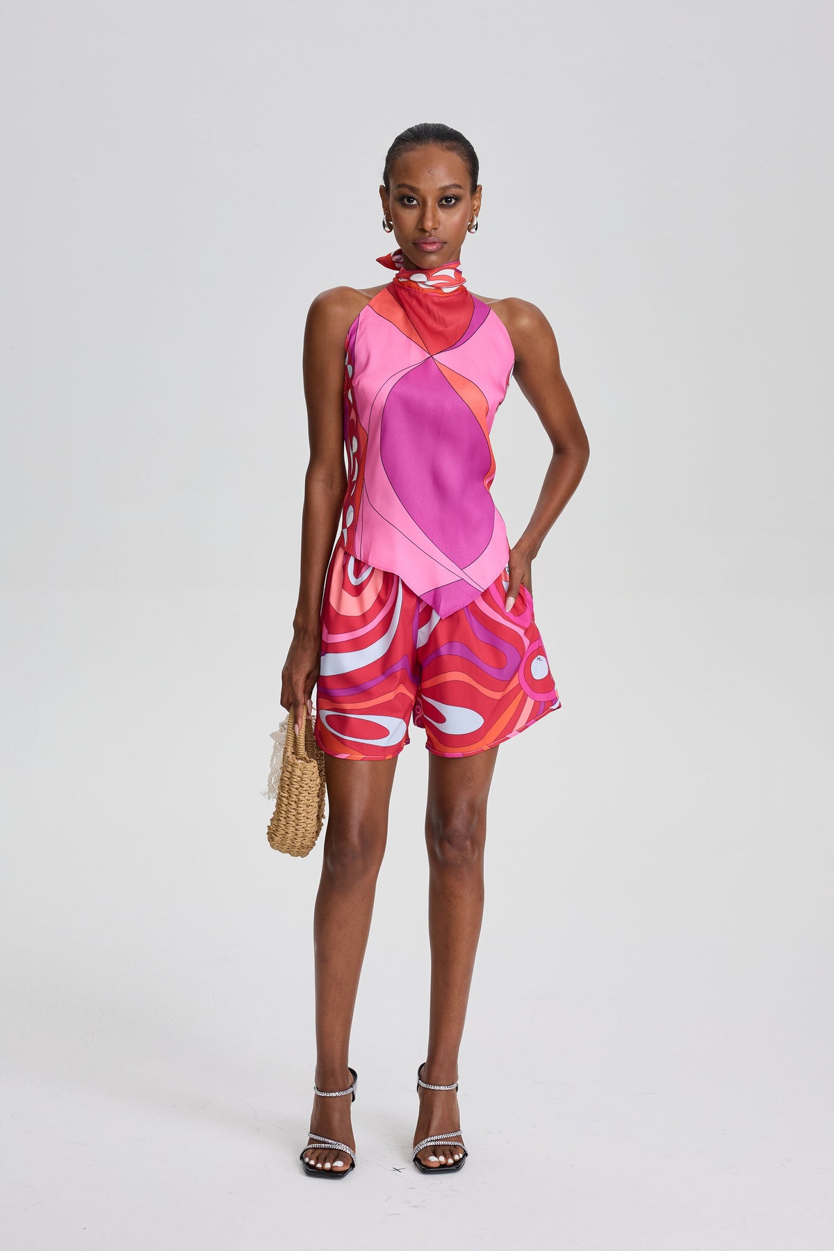 Livia Retro Abstract Print Halter Top & Pocket Short Set