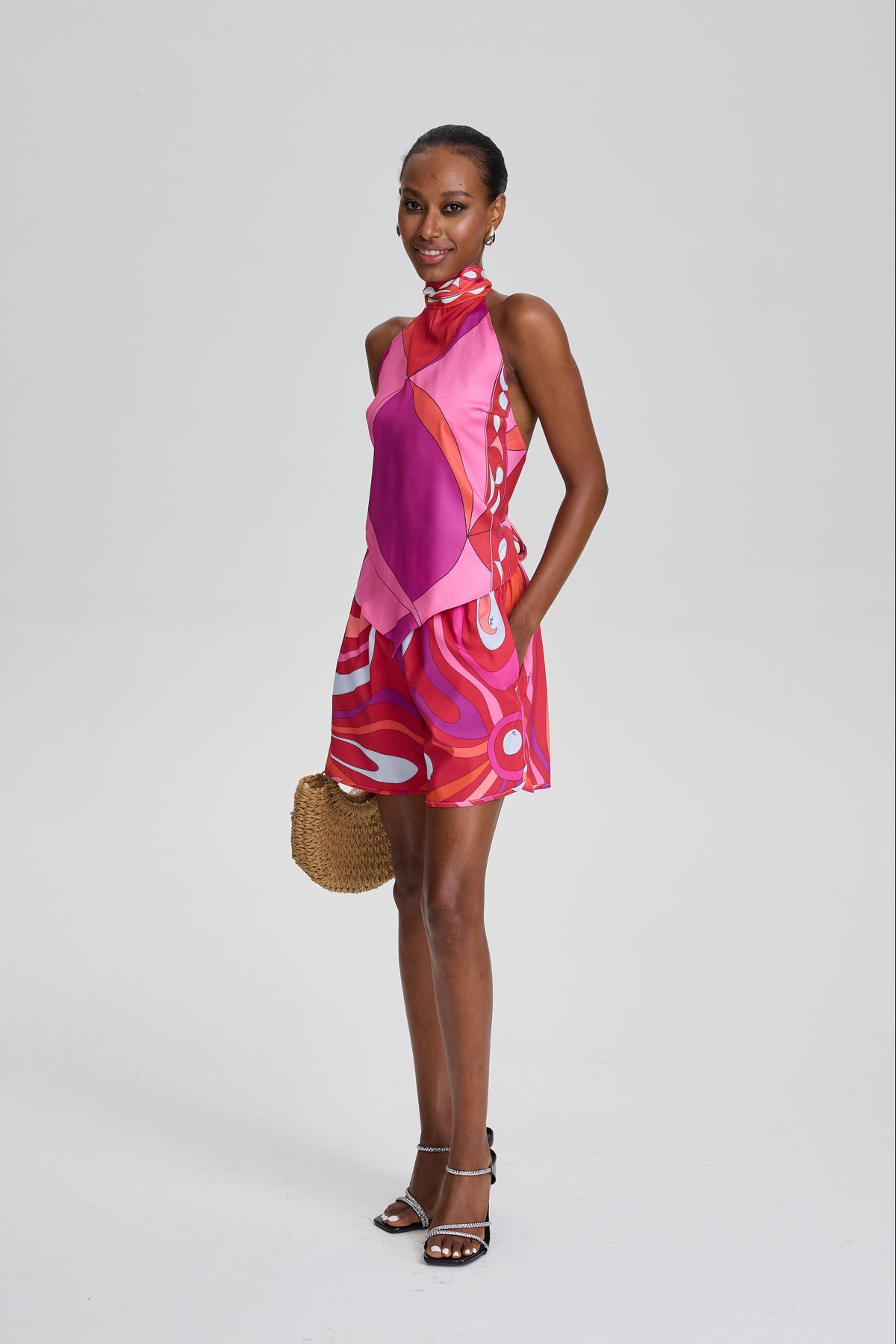 Livia Retro Abstract Print Halter Top & Pocket Short Set