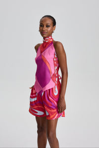 Livia Retro Abstract Print Halter Top & Pocket Short Set