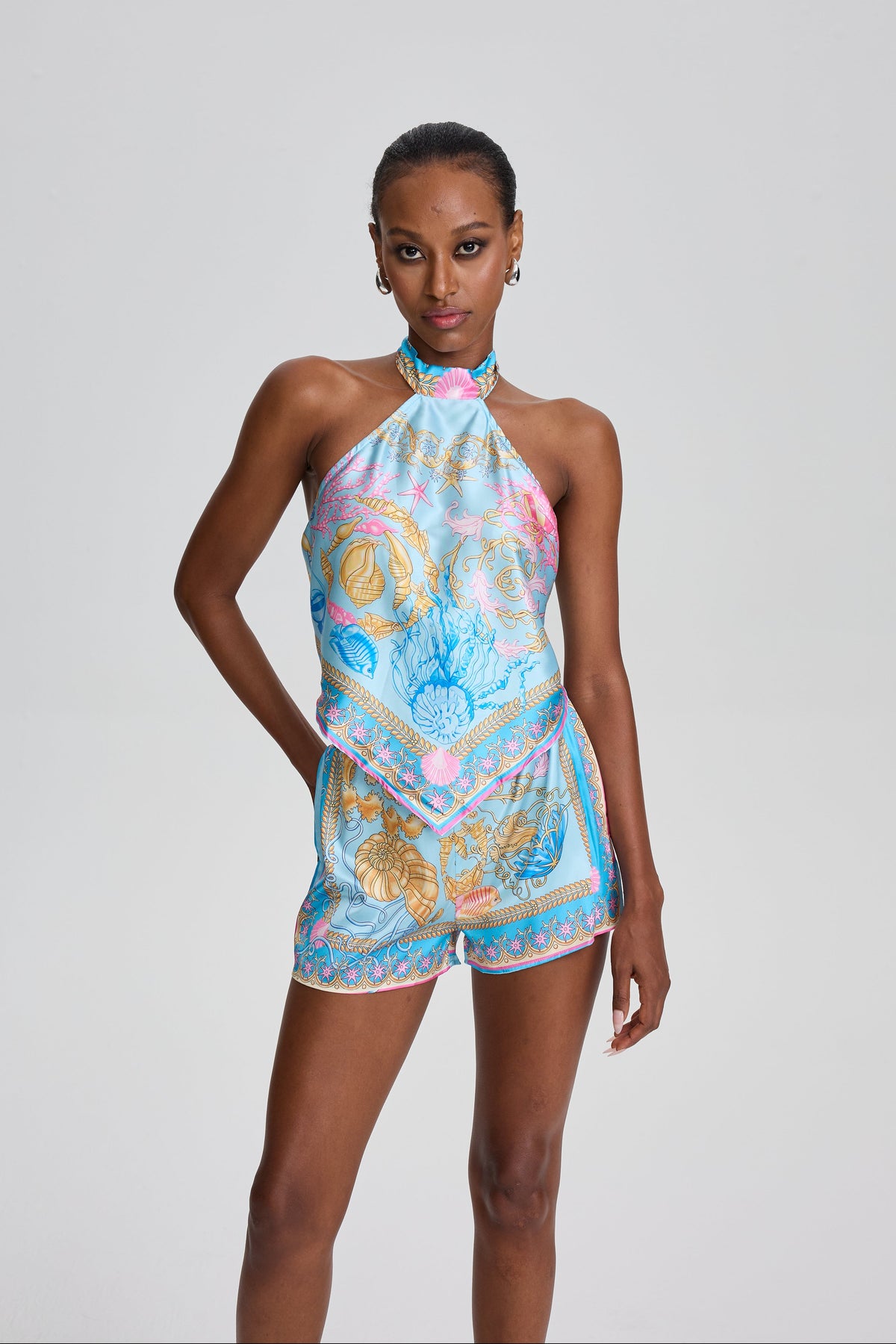 Gentry Ocean Seashell Print Halter Scarf Top & Short Set in Blue