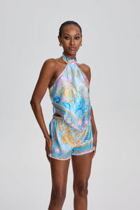Gentry Ocean Seashell Print Halter Scarf Top & Short Set in Blue