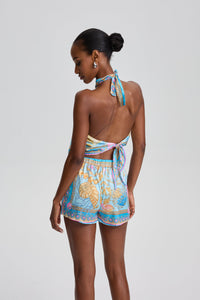 Gentry Ocean Seashell Print Halter Scarf Top & Short Set in Blue