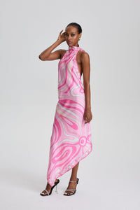 Cassandre Retro Swirl Print Halter Open Back Midi Scarf Dress