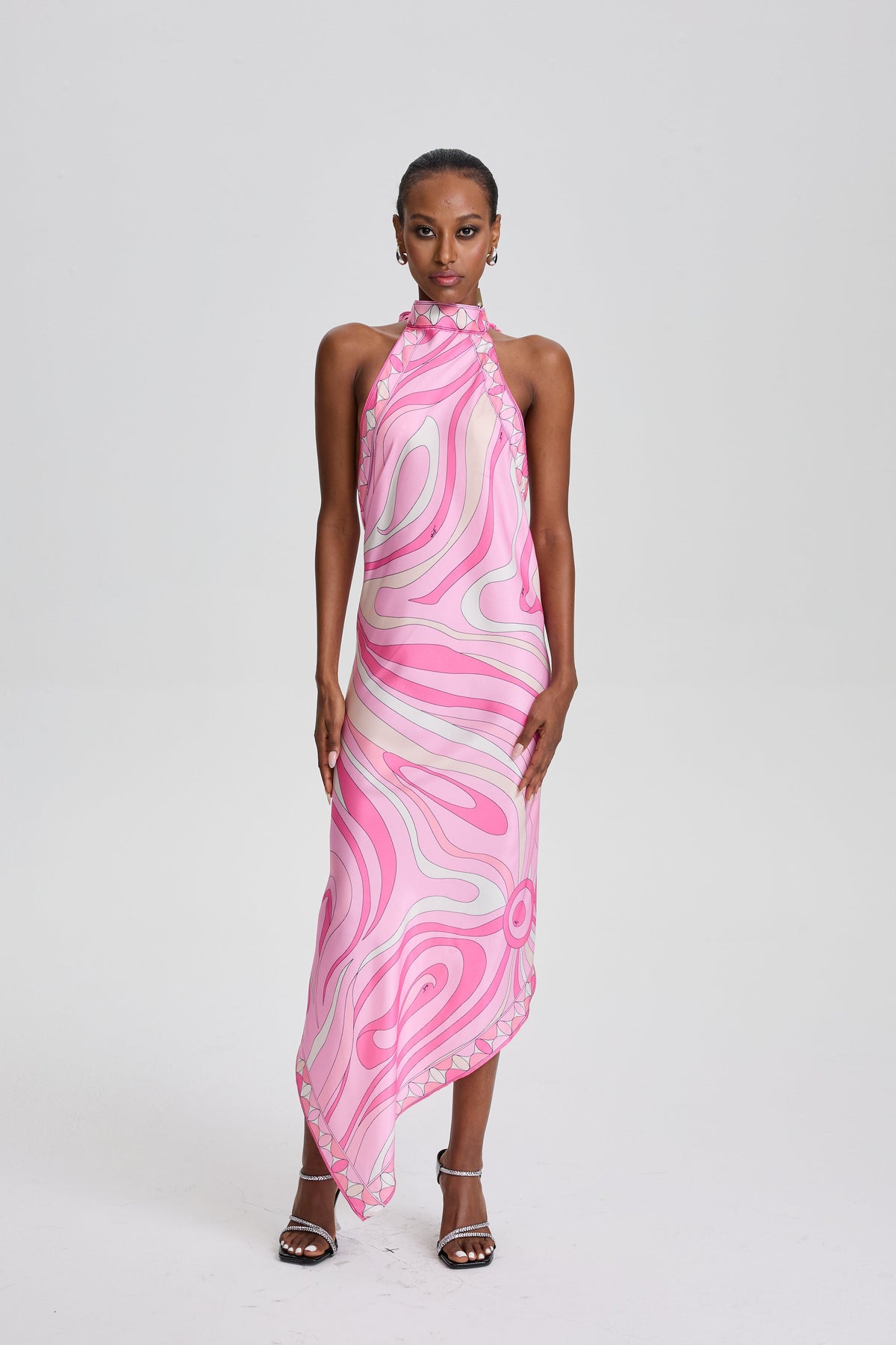 Cassandre Retro Swirl Print Halter Open Back Midi Scarf Dress