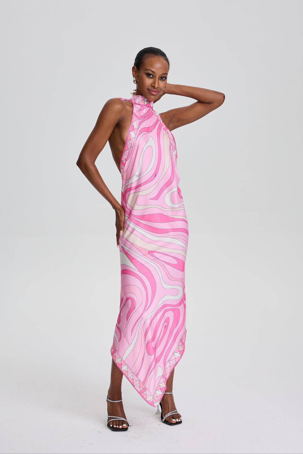 Cassandre Retro Swirl Print Halter Open Back Midi Scarf Dress