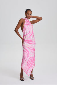Cassandre Retro Swirl Print Halter Open Back Midi Scarf Dress