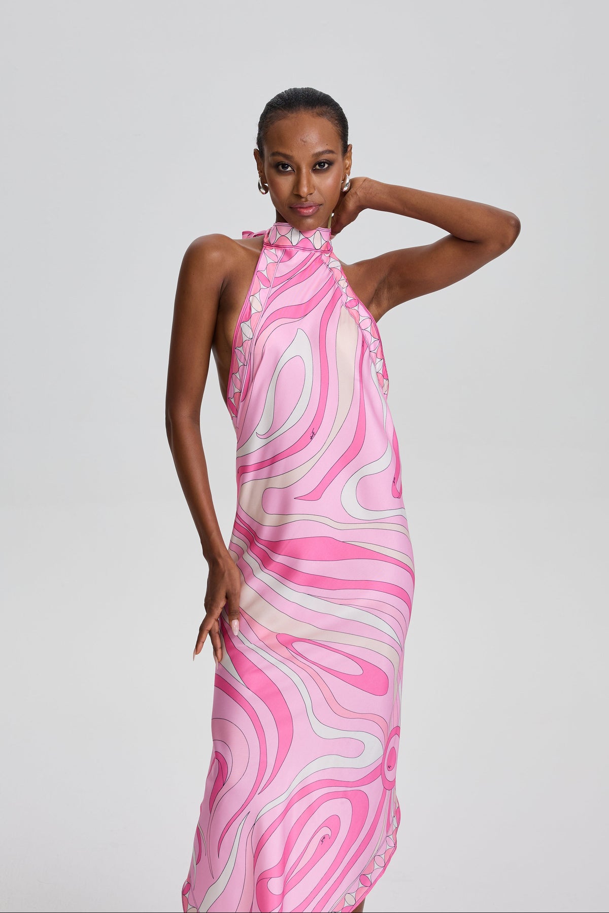 Cassandre Retro Swirl Print Halter Open Back Midi Scarf Dress