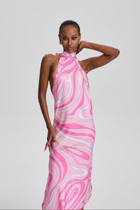 Cassandre Retro Swirl Print Halter Open Back Midi Scarf Dress