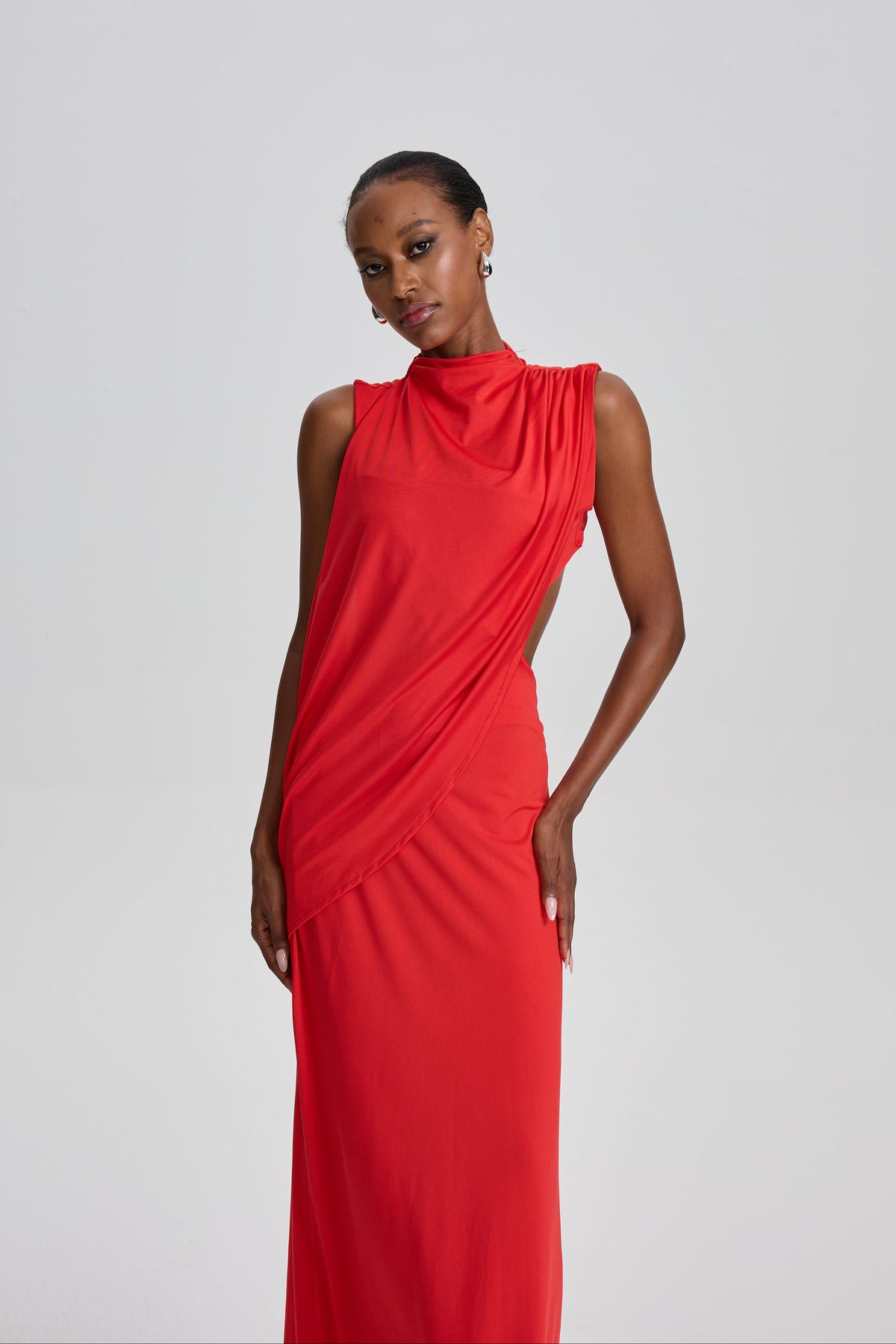 Zylah Vibrant Sleeveless Draped High Neck Maxi Dress