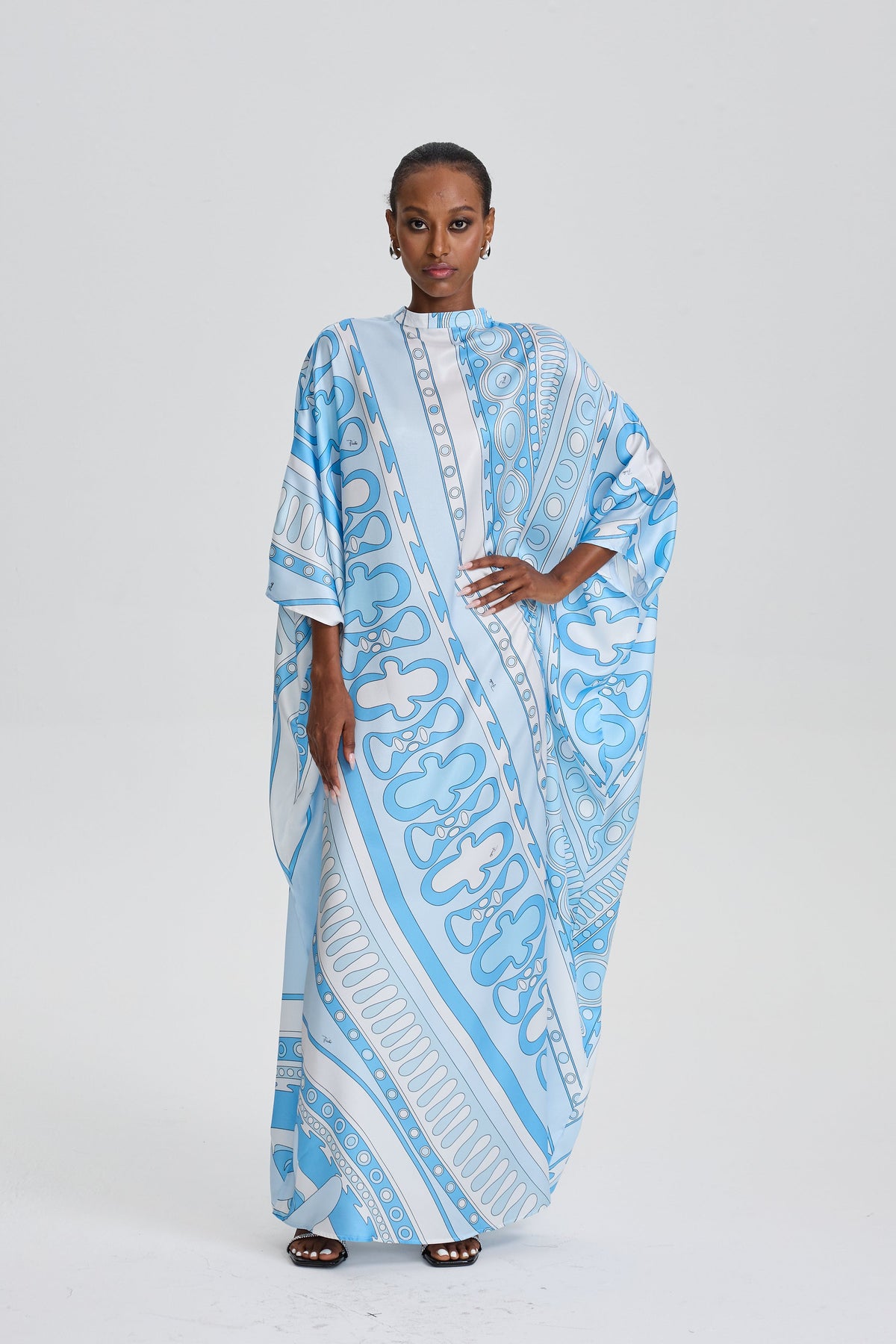 Quinn Retro Geometric Print Loose Batwing Sleeve Maxi Kaftan Dress
