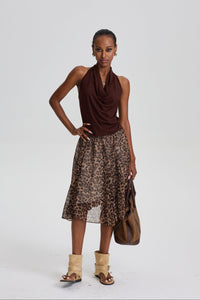 Wyna Draped Halter Tank Top & Sheer Leopard Print Flowy Skirt Set