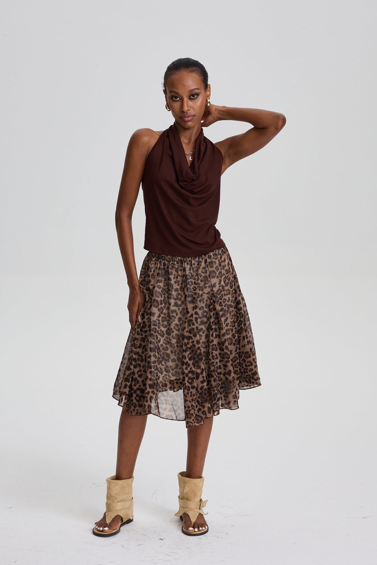 Wyna Draped Halter Tank Top & Sheer Leopard Print Flowy Skirt Set