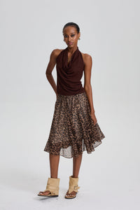 Wyna Draped Halter Tank Top & Sheer Leopard Print Flowy Skirt Set