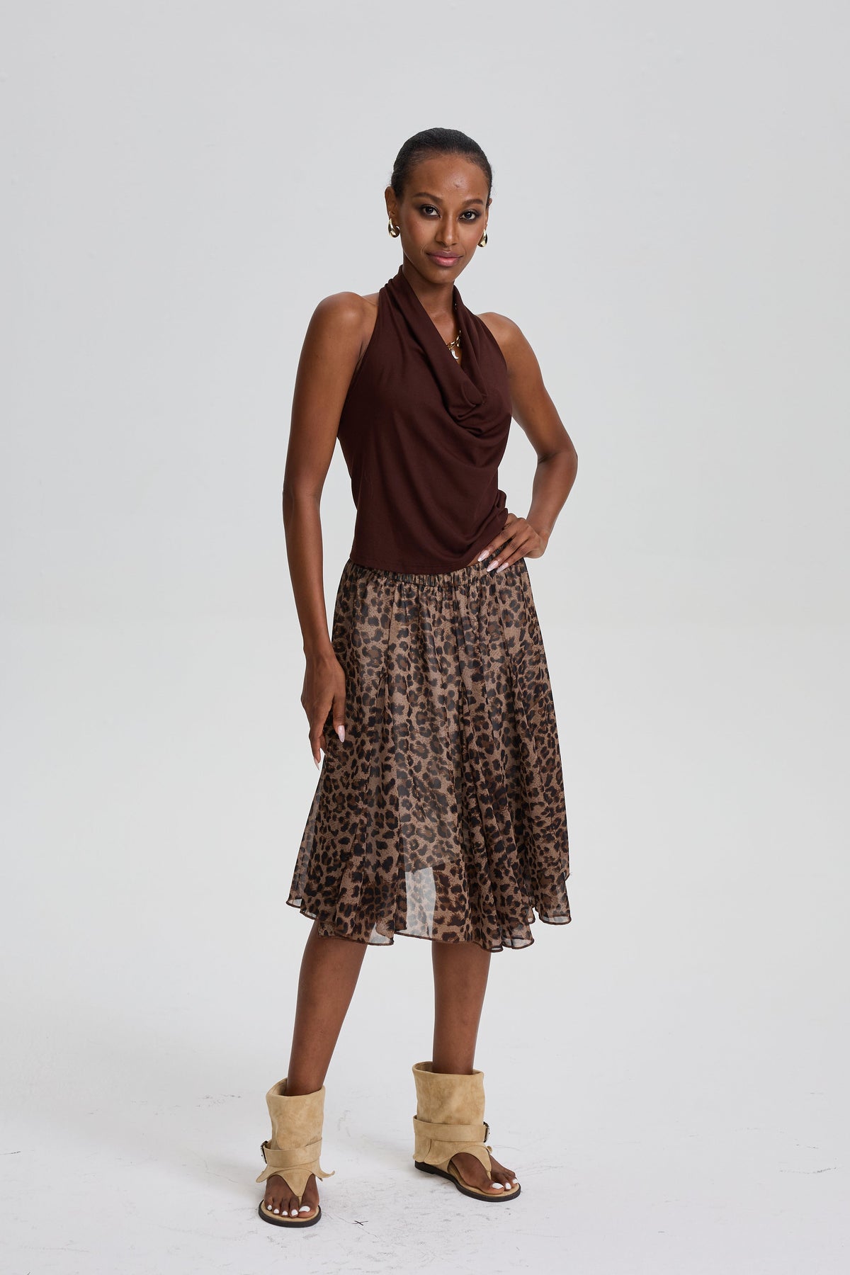 Wyna Draped Halter Tank Top & Sheer Leopard Print Flowy Skirt Set