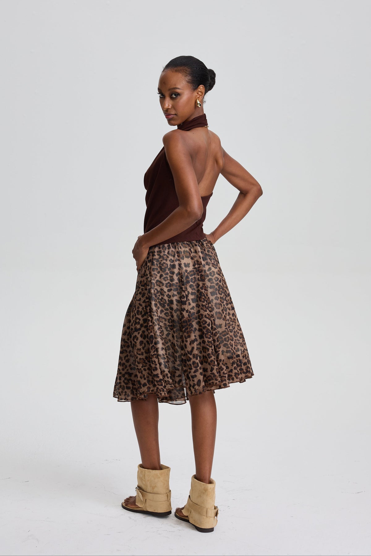 Wyna Draped Halter Tank Top & Sheer Leopard Print Flowy Skirt Set