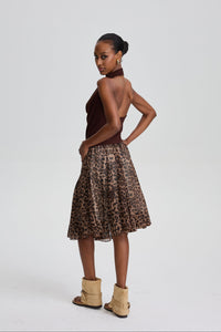 Wyna Draped Halter Tank Top & Sheer Leopard Print Flowy Skirt Set