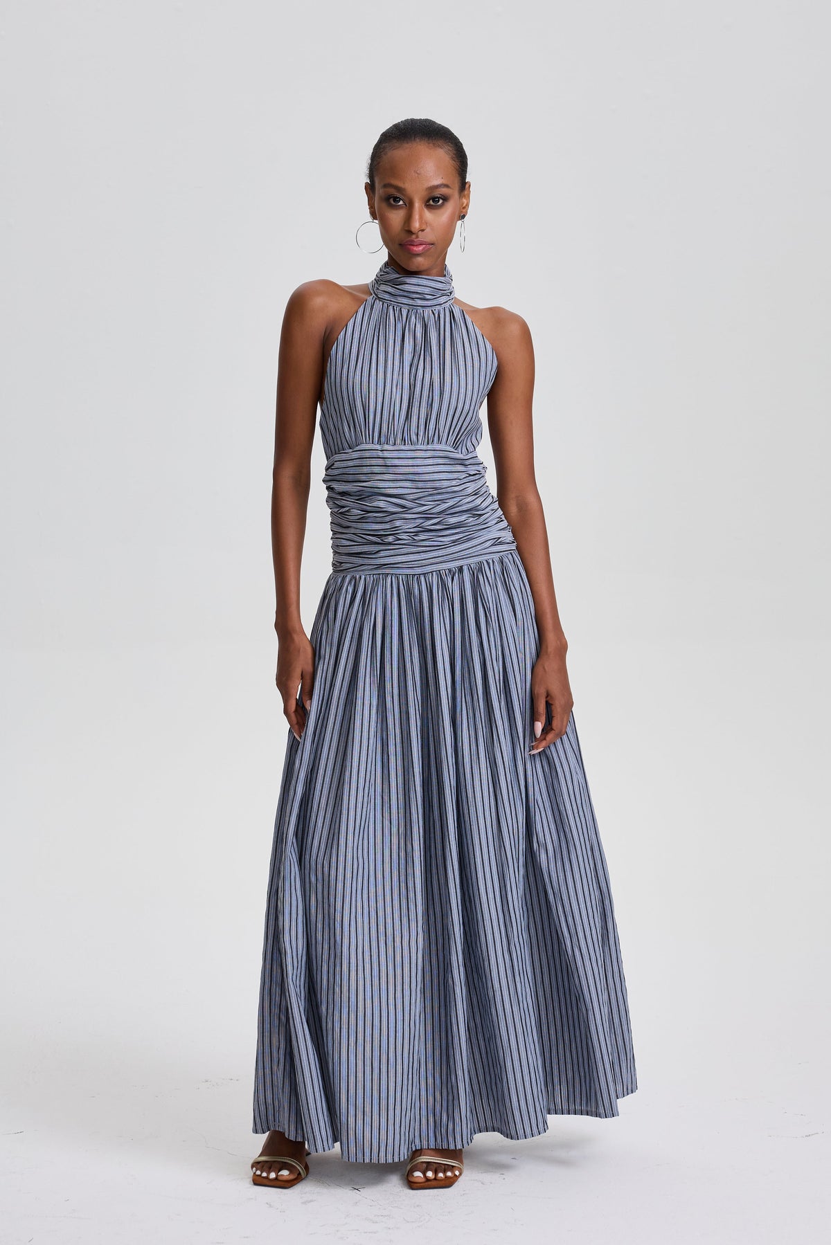 Marwen Vertical Stripe Halter Neck Ruched Waist Flared Maxi Dress