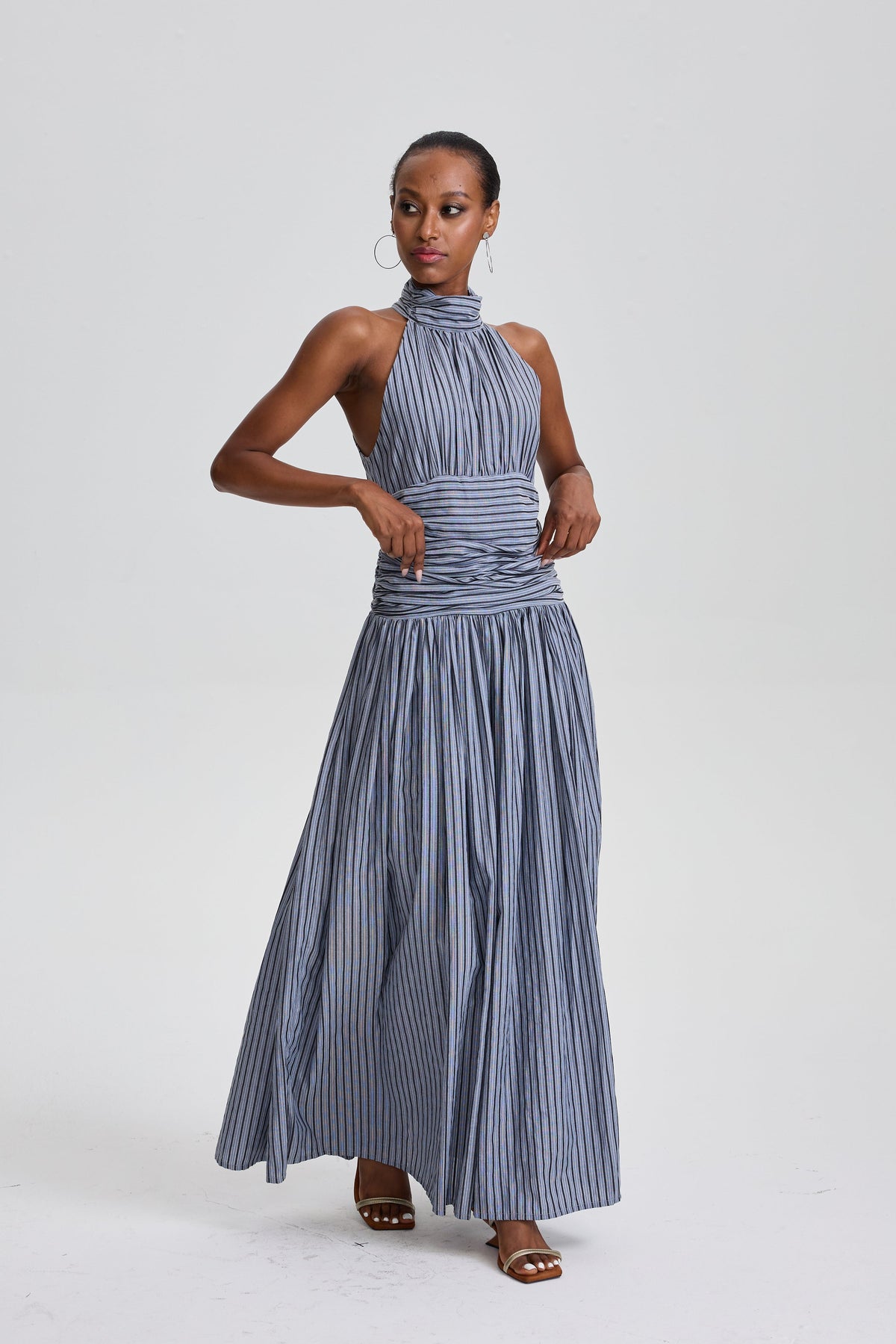 Marwen Vertical Stripe Halter Neck Ruched Waist Flared Maxi Dress
