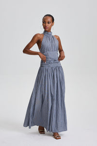Marwen Vertical Stripe Halter Neck Ruched Waist Flared Maxi Dress