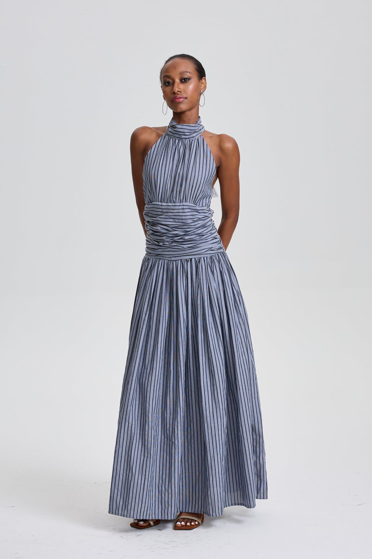 Marwen Vertical Stripe Halter Neck Ruched Waist Flared Maxi Dress