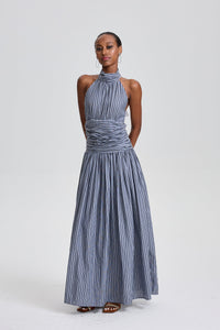 Marwen Vertical Stripe Halter Neck Ruched Waist Flared Maxi Dress
