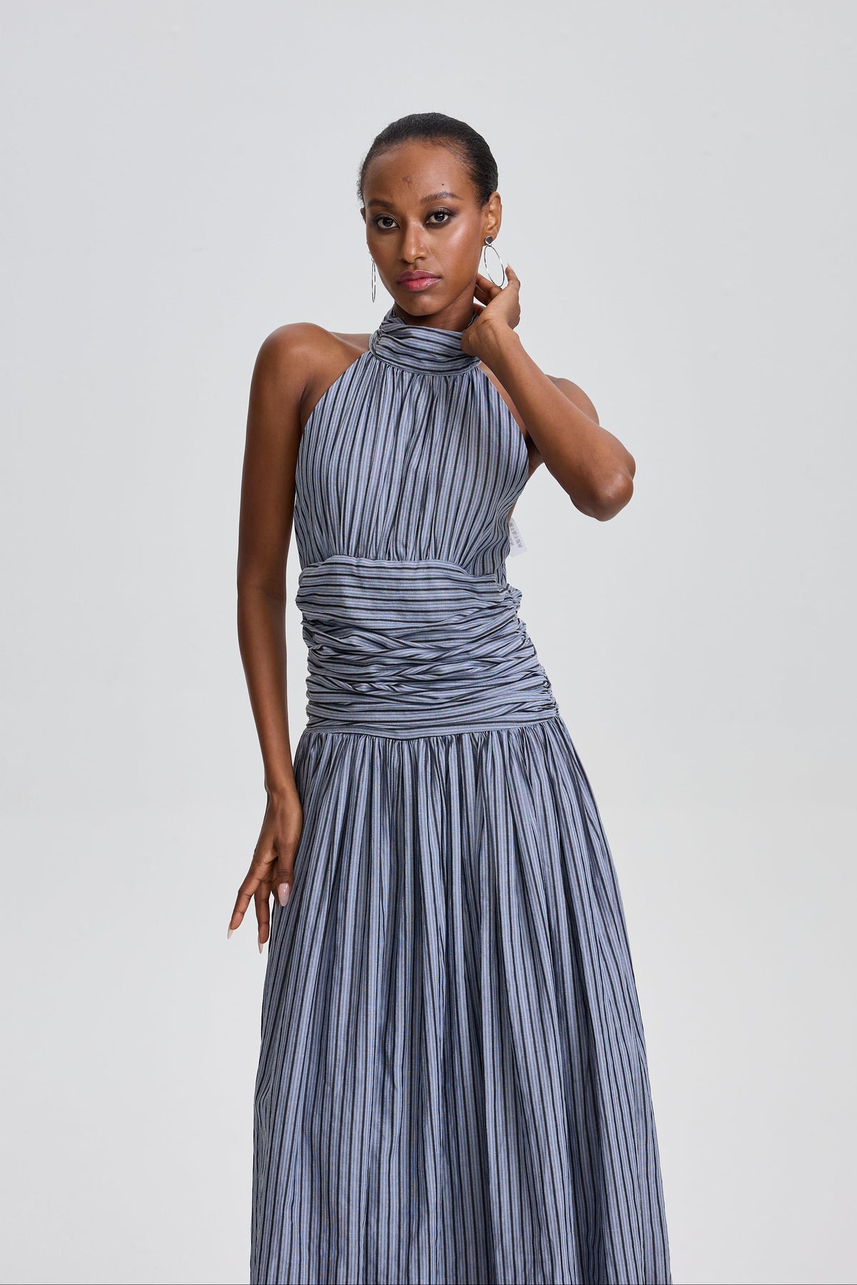 Marwen Vertical Stripe Halter Neck Ruched Waist Flared Maxi Dress