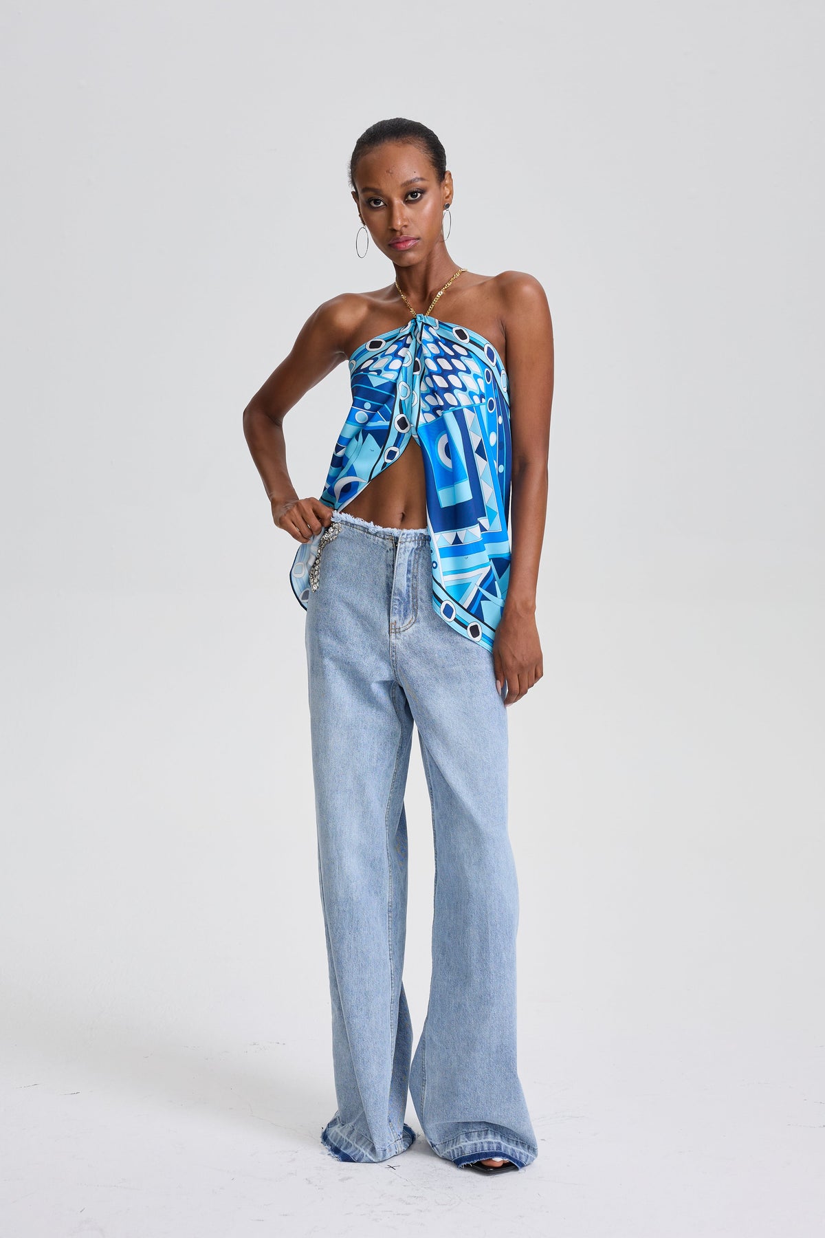 Ularsth Rhinestone Lace-Up Cutout Denim Pants