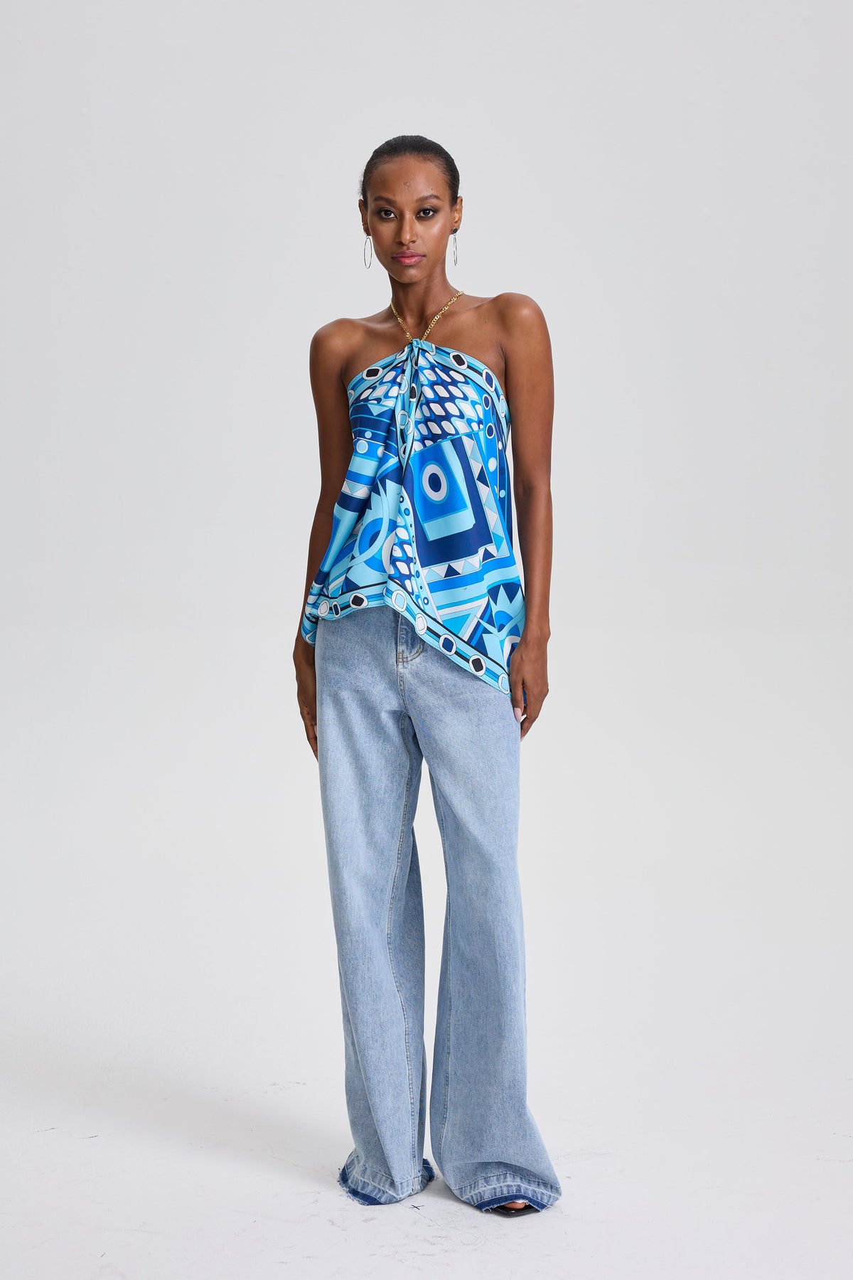 Bilun Geometric Print Tie Halter Scarf Wrap Cami Top in Blue