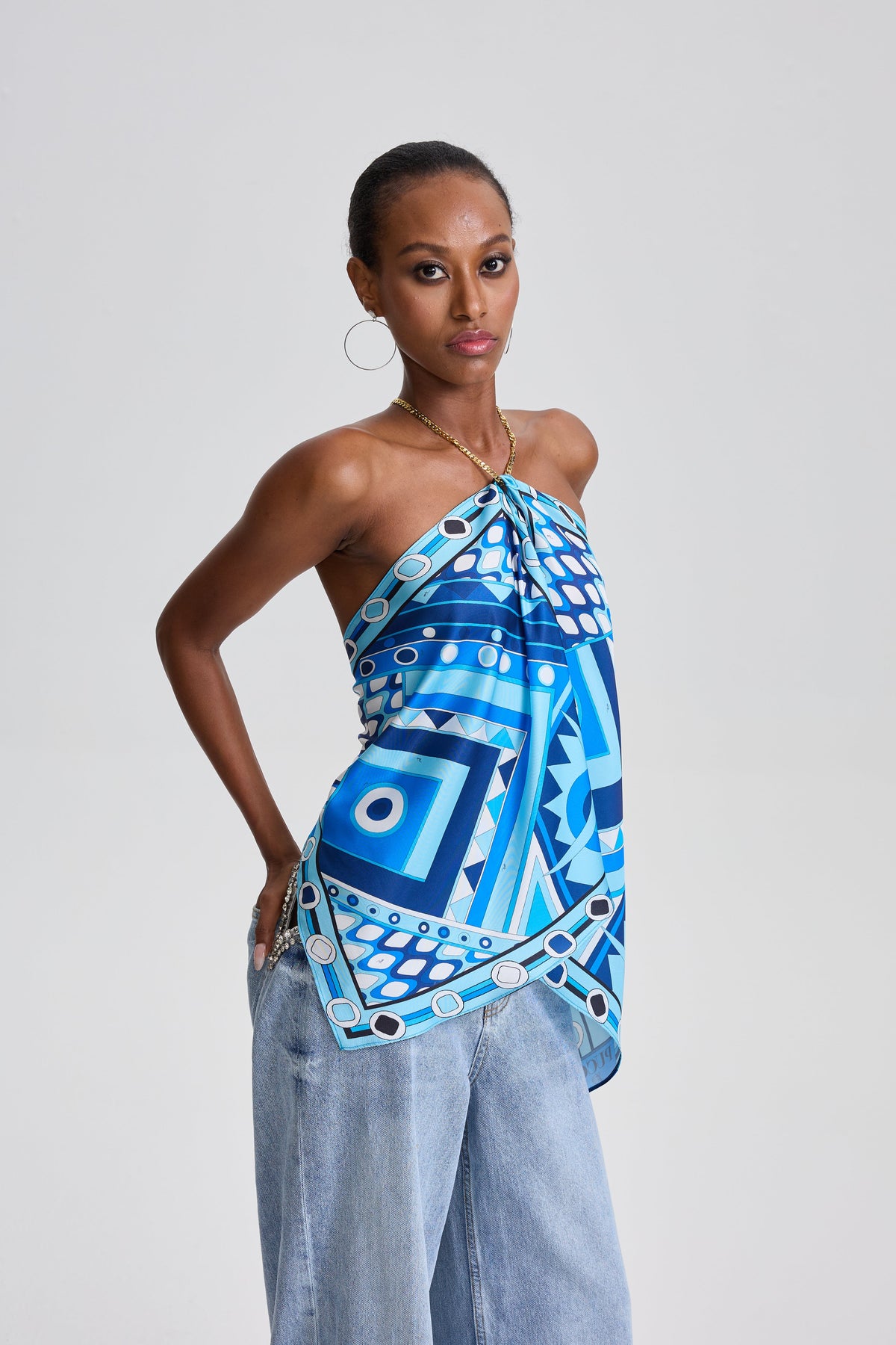 Bilun Geometric Print Tie Halter Scarf Wrap Cami Top in Blue