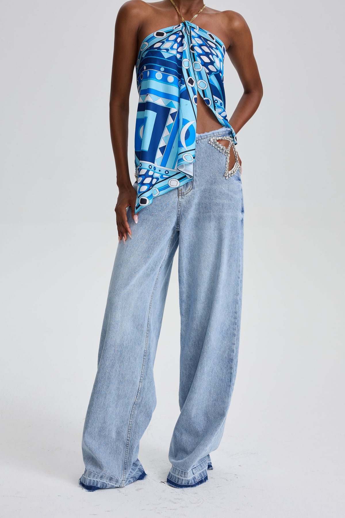 Ularsth Rhinestone Lace-Up Cutout Denim Pants