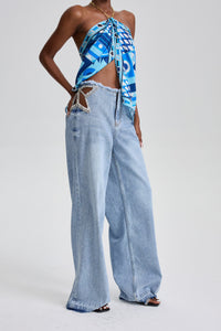 Ularsth Rhinestone Lace-Up Cutout Denim Pants