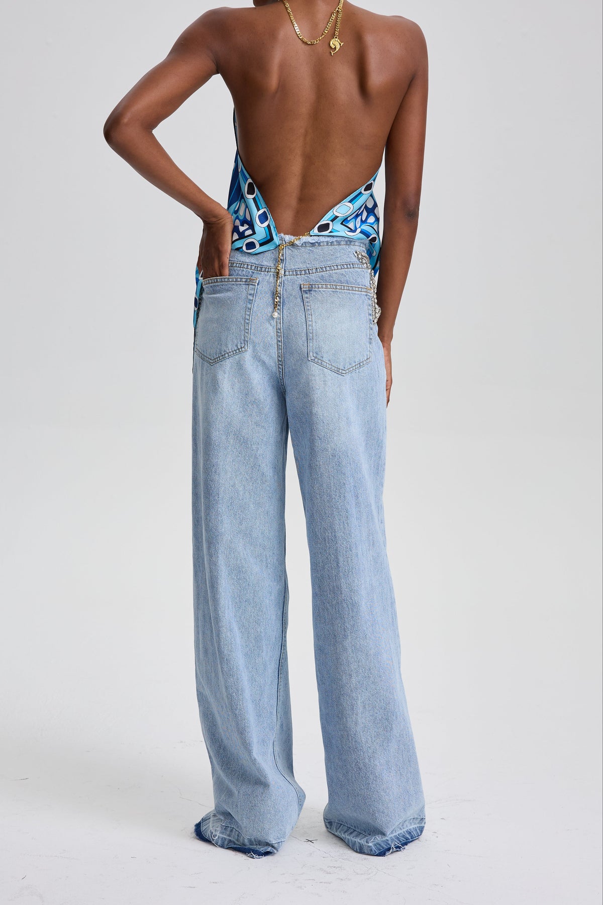 Ularsth Rhinestone Lace-Up Cutout Denim Pants