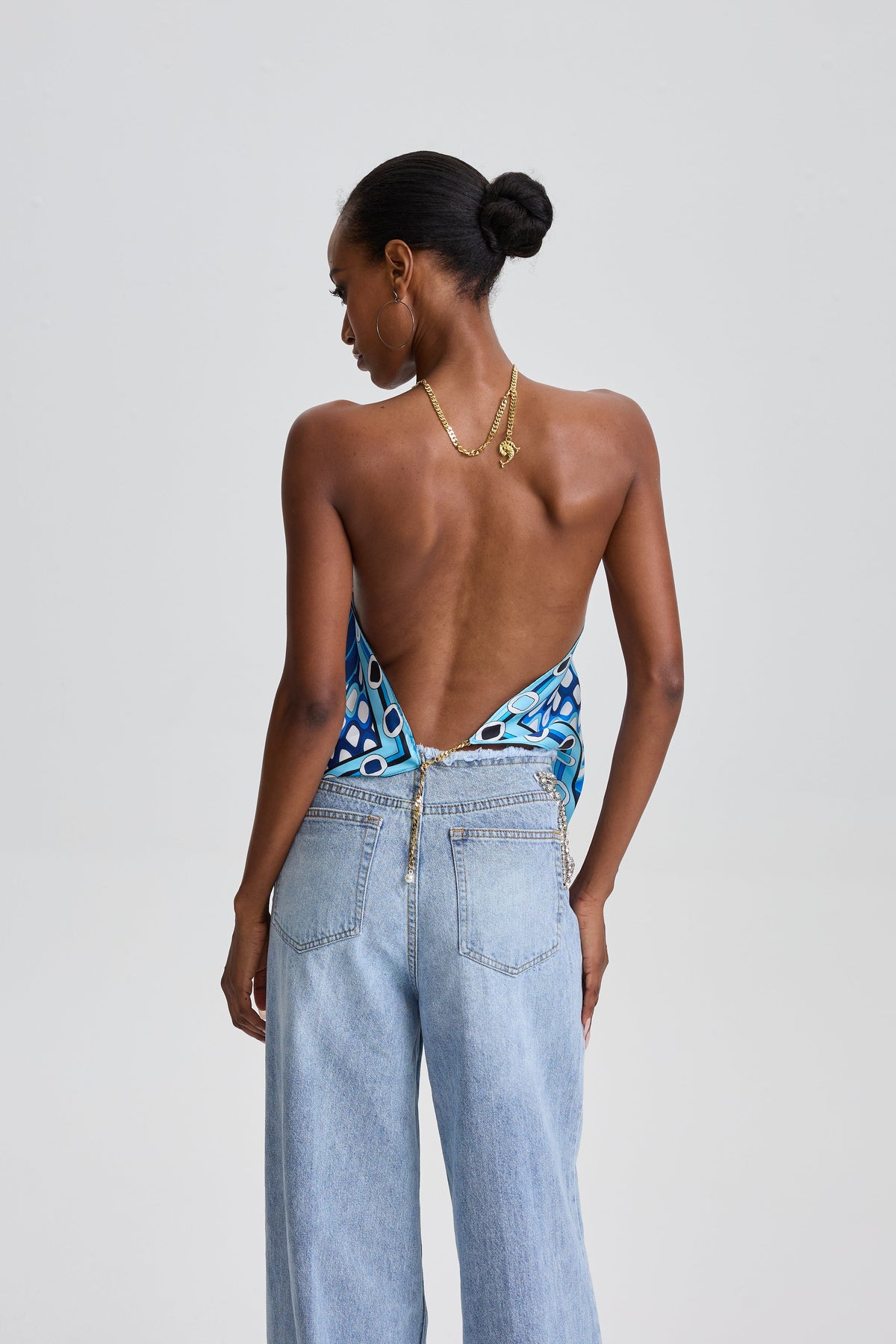 Bilun Geometric Print Tie Halter Scarf Wrap Cami Top in Blue