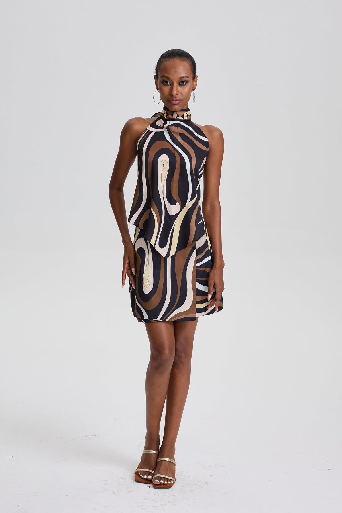 Elodie Abstract Swirl Print Halter Layered Mini Dress in Brown